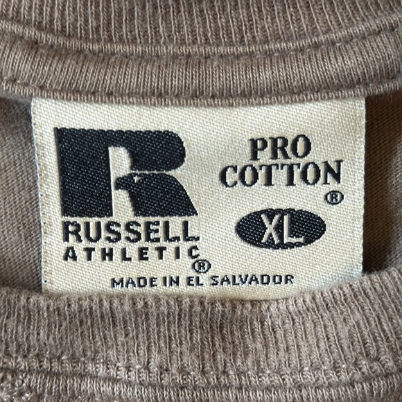 Vintage 90’s Russell Athletic Pro Cotton T-Shirt Taupe/Beige Front Patch XL - Picture 4 of 10